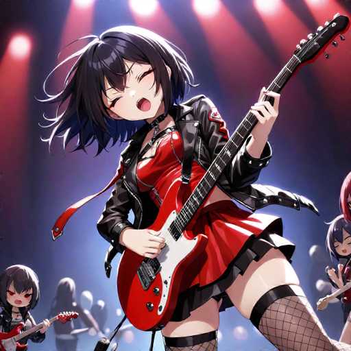 The image depicts a vibrant scene featuring several anime characters, with a focus on a central female character. She is dressed in a striking red dress paired with a black leather jacket, and her long black hair cascades down her back. Her eyes are closed, and her mouth is open, suggesting she is either singing or speaking passionately. She holds a red guitar, with her left hand positioned on the neck and her right hand strumming the strings. The background is a blend of blue and purple hues, illuminated by red stage lights that add a dramatic flair to the scene. Surrounding her are other characters, including a girl with long black hair and red eyes playing a red guitar, and another girl with long black hair and a black jacket playing a white guitar. The overall atmosphere is dynamic and energetic, capturing the essence of a live performance.
