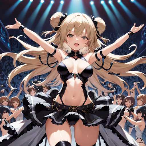 The image depicts a vibrant scene from an anime, featuring a central female character with long blonde hair styled into two buns on either side of her head. She is adorned in a black corset that accentuates her chest, paired with a black skirt that has a frilly design. The character's arms are outstretched, and she is wearing black wristbands on both wrists. Her mouth is open, revealing her tongue, and she has striking blue eyes. The background is filled with a large crowd of people, adding to the dynamic atmosphere of the scene.