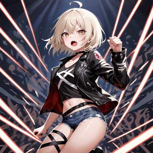 The image features a dynamic anime-style illustration of a young woman, likely in her late teens or early twenties. She has short, light blonde hair with bangs that partially cover her large, expressive yellow eyes. Her mouth is open, revealing her teeth, suggesting she is either yelling or expressing intense emotion. She is dressed in a black leather jacket adorned with a red patch on the left shoulder and white stripes on the right sleeve. Underneath, she wears a black crop top with a white 'X' design, paired with very short, dark blue denim shorts that are frayed at the edges. A black belt cinches her waist, and her legs are decorated with black straps that crisscross up to her thighs. Her left arm is raised, fist clenched, while her right arm hangs by her side. The background is a dark blue, almost black, with vibrant red and white lines radiating outward, adding to the dramatic and energetic feel of the scene.