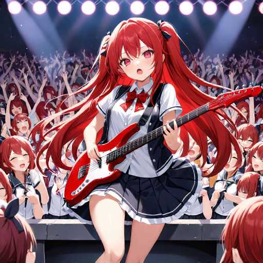 In this vibrant anime-style illustration, a young girl with long, flowing red hair stands confidently on a stage, captivating a crowd of enthusiastic fans. She is dressed in a stylish ensemble featuring a white shirt with short sleeves, a black vest, and a black skirt. Her outfit is accentuated by a red bow tie at the collar, adding a touch of elegance to her rock star appearance. She holds a red electric guitar, her right hand poised on the strings and her left hand gripping the neck, ready to strum. Her mouth is open, suggesting she is in the midst of an energetic performance. The stage is illuminated by spotlights, casting a dramatic glow on her and the sea of fans behind her. The audience, predominantly composed of girls with similar red hair, is cheering and raising their hands in excitement. The scene is filled with a sense of joy and camaraderie, as the girl's music resonates with her young, devoted listeners.