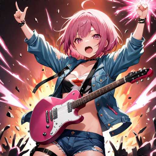 A pink-haired girl is playing a red electric guitar with her arms raised high above her head and her mouth open wide as she sings into the microphone. She's wearing a blue denim jacket over a black tank top and ripped jeans. The background features a vibrant explosion of pink, purple, and white lights against a dark purple sky.