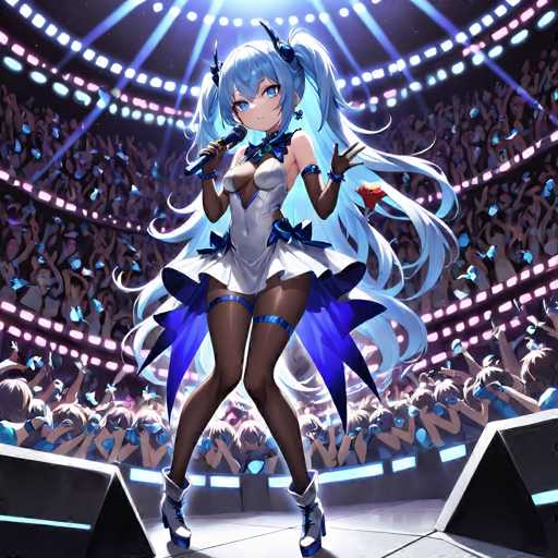 The image depicts a vibrant anime concert scene. At the center of the stage stands a young female singer with long, flowing blue hair styled into two pigtails. She is dressed in a striking white dress adorned with blue bows and complemented by thigh-high blue stockings and white high-heeled boots. The singer holds a microphone in her right hand, while her left hand is raised in a dynamic pose. Behind her, a large crowd of enthusiastic fans fills the stadium, their hands raised in excitement. The stage is illuminated by a spotlight, casting a bright glow on the performer and enhancing the overall energetic atmosphere of the concert.