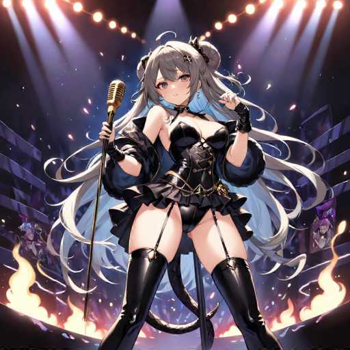 The image depicts a striking anime-style female character, likely from a video game or an anime series. She stands confidently on a stage, holding a microphone in her right hand. Her long, flowing gray hair cascades down her back, adding to her dramatic presence. She is dressed in a revealing black outfit that accentuates her figure, complete with thigh-high boots that add an element of allure. The background is filled with vibrant flames, creating an intense and dynamic atmosphere. The stage is illuminated by numerous lights, enhancing the overall dramatic effect of the scene.
