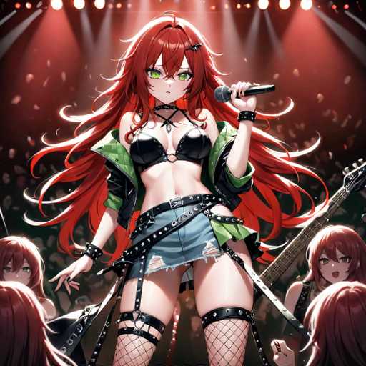 The image depicts a dynamic anime scene featuring a group of characters with striking red hair. At the center of the composition is a woman with long, flowing red hair, adorned with a black barrette. She has captivating green eyes and is dressed in a revealing outfit that includes a black leather bra, a green jacket, and very short blue shorts. Her ensemble is accentuated by multiple belts, including a black leather belt and a thinner one, as well as fishnet stockings. She is holding a microphone in her left hand, suggesting she is either singing or about to perform. 

Behind her, a man with red hair is holding a guitar, adding to the musical atmosphere of the scene. Flanking the central woman are two other red-haired women, one on each side, both with their backs turned to the viewer. The background is filled with vibrant red lights, creating a dramatic and energetic ambiance that complements the characters' striking appearance.