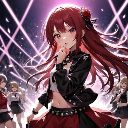 In this captivating image, a group of anime characters is depicted, with the central focus on a striking female character. She stands confidently, her long, flowing red hair adorned with a delicate rose clip on the right side. Her bangs partially obscure her face, adding a touch of mystery to her expression. Her eyes are a mesmerizing shade of purple, and her lips are painted a soft pink. 

She is dressed in a stylish black leather jacket, left open to reveal a white shirt that exposes her midriff. Around her neck, she wears a choker, adding to her edgy appearance. Her outfit is completed with a red skirt that features a black belt with silver studs, and she wears a black bracelet on her right wrist. Her pose is intriguing, with her right hand raised to her mouth, her index finger resting just below her lips.

In the background, four other characters are visible, though they are less prominent. On the left, a girl with brown hair is seen wearing a red jacket and a black skirt. Next to her stands another girl with brown hair, dressed in a white shirt and a black skirt. On the right side of the image, two more girls with brown hair are partially visible, both wearing black skirts. The background is a blend of purple and black hues, with white lines crisscrossing the scene, adding a dynamic element to the composition.