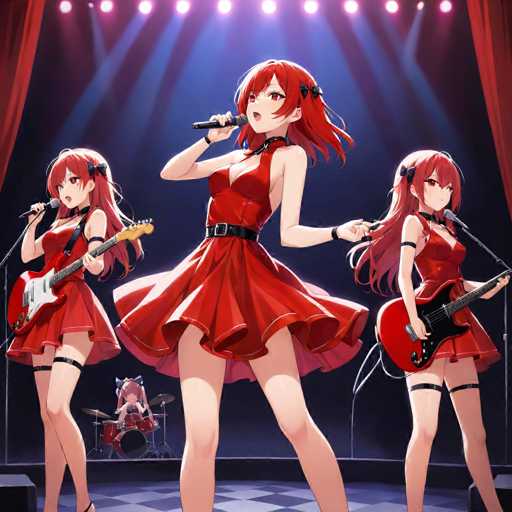 The image depicts a vibrant anime scene featuring a three-member girl band performing on stage. Each member is dressed in a striking red dress, with the central figure donning a sleeveless dress and the two flanking members in dresses with sleeves. The lead singer, positioned in the middle, passionately sings into a microphone while playing a guitar. To her left, another member strums a red guitar, and to her right, the third member also plays a red guitar. The stage is adorned with red curtains on either side, framing the energetic performance. Behind the lead singer, a drummer with pink hair energetically plays the drums, adding to the dynamic atmosphere of the scene.
