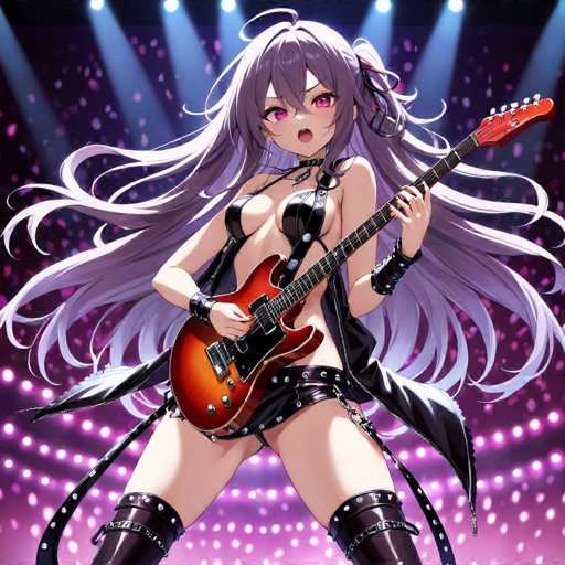 The image depicts a striking anime-style female character with long, flowing purple hair that cascades down to her waist. She is dressed in a revealing outfit that includes a black leather bra and matching leather shorts, complemented by thigh-high boots adorned with buckles. Her ensemble is accentuated by a black leather jacket and a choker around her neck. The character is holding a red electric guitar with a black strap, her left hand positioned on the neck of the guitar and her right hand on the strings. Her eyes are a vivid pink, and her mouth is open, suggesting she is singing or speaking. The background features a stage with purple lights and a black ceiling, illuminated by spotlights that shine down on her, enhancing the dramatic atmosphere of the scene.