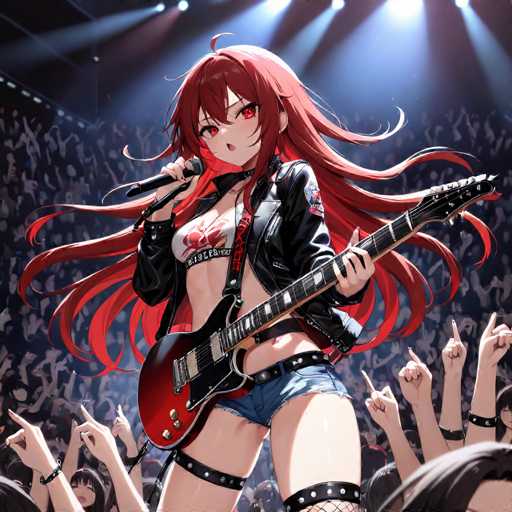 The image depicts a vibrant, cartoon-style illustration of a female anime singer performing on stage. She has long, flowing red hair and striking red eyes, and is dressed in a black leather jacket adorned with patches on the left shoulder. Underneath the jacket, she wears a white bra with red accents, paired with very short blue denim shorts. Her outfit is completed with black garter belts on both legs and fishnet stockings. She holds a black microphone in her right hand and a red electric guitar with a black neck in her left hand. The stage is illuminated by spotlights, and she stands confidently in the center, looking directly at the viewer. Behind her, a large crowd of enthusiastic fans raises their hands, some with middle fingers extended, creating a dynamic and energetic atmosphere. The scene captures the essence of a lively concert, with the singer as the captivating focal point.