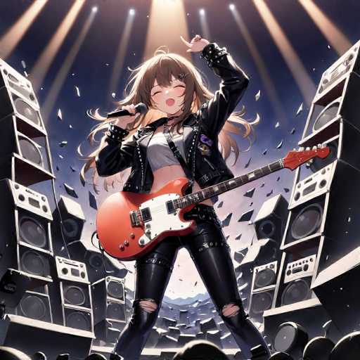 This vibrant color illustration features an anime-style female character, likely a singer, captured in a dynamic pose. She stands confidently with her legs spread apart, her right arm bent at the elbow, and her left arm raised with her index finger pointing upwards. Her mouth is open, revealing her tongue, and her eyes are closed, adding to the expressive energy of the scene. She holds a microphone in her right hand, suggesting she is in the midst of a performance.

The character is dressed in a striking outfit: a black leather jacket adorned with silver studs, a white crop top, and black leather pants with ripped knees. Her long brown hair cascades down her back, adding to her rock star aesthetic. She cradles a red electric guitar with a black neck in her left arm, enhancing the musical theme of the illustration.

The background is filled with an array of large speakers, stacked on both the left and right sides, creating a sense of a massive concert setting. The speakers vary in size, with some stacked three high, contributing to the immersive atmosphere. Above her, a spotlight shines down, illuminating her and emphasizing her role as the focal point of the illustration.