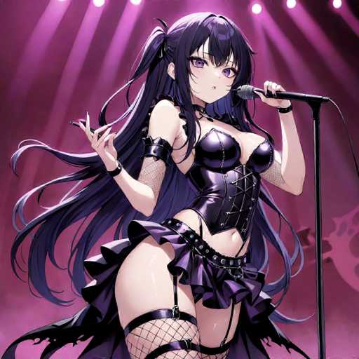 The image depicts a striking anime-style female character with long, flowing black hair that cascades down her back. She is dressed in a revealing outfit that includes a corset-like top and a short skirt, complemented by fishnet stockings. Her pose is dynamic, with one hand gripping a microphone stand and the other raised in the air, suggesting she is in the midst of a performance. The background is a vibrant purple, illuminated by stage lights that add to the dramatic atmosphere. The character's eyes are a captivating shade of purple, matching the overall color scheme of the image.