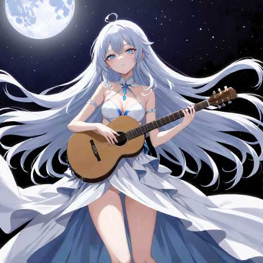 This image features an anime-style illustration of a young woman with long, flowing white hair that cascades down to her waist. She has striking blue eyes and is adorned with a delicate necklace that has a blue pendant. Her attire is a white dress that reveals her legs from the knees down, and it features a blue lining underneath. The dress is complemented by two straps that wrap around her upper arms. She is holding a brown acoustic guitar, with her left hand positioned on the fretboard and her right hand strumming the strings. The background is a dark night sky, illuminated by a large, glowing moon in the top left corner. The scene is devoid of any text, allowing the viewer to fully appreciate the serene and enchanting atmosphere.