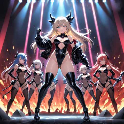 The image depicts a dynamic scene featuring six anime characters, with one prominent female character at the center. She stands confidently, dressed in a black leather jacket draped over her shoulders, revealing a revealing black bodysuit that exposes her thighs and chest. Her long blonde hair cascades down, and she wears striking black boots. The background is engulfed in flames, adding an intense atmosphere to the scene. Surrounding her are five other female characters, each with distinct hair colors: blue, white, white, red, and another white. They are all clad in similar black leather bodysuits and thigh-high black stockings, with weapons strapped to their hips, suggesting a readiness for battle. The characters are positioned on a stage, illuminated by spotlights that enhance the dramatic effect of the fiery backdrop.