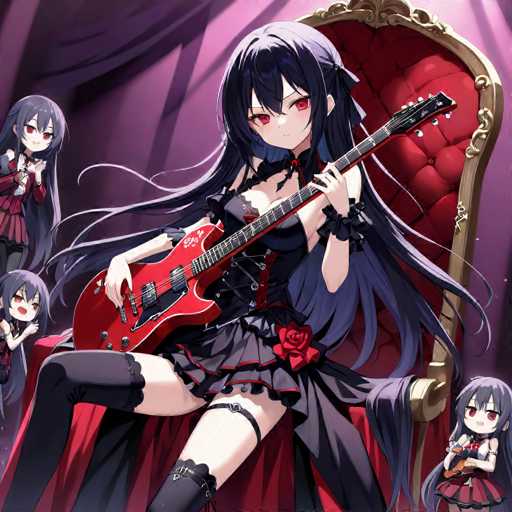 The image features a striking anime-style illustration of a woman with long, flowing black hair that cascades down to her knees. She is seated on a grand, red throne adorned with gold trim, exuding an air of regality and power. The woman is dressed in a black dress with a red rose accent on the side, complemented by thigh-high black stockings and garter belts. Her eyes are a mesmerizing shade of red, adding to her captivating presence. In her hands, she holds a vibrant red electric guitar, suggesting a fusion of elegance and rock 'n' roll. Surrounding her are four smaller versions of herself, each with long black hair and red eyes, dressed in matching black and red attire. These miniature figures appear to be her backup band, enhancing the overall dramatic and dynamic atmosphere of the scene.