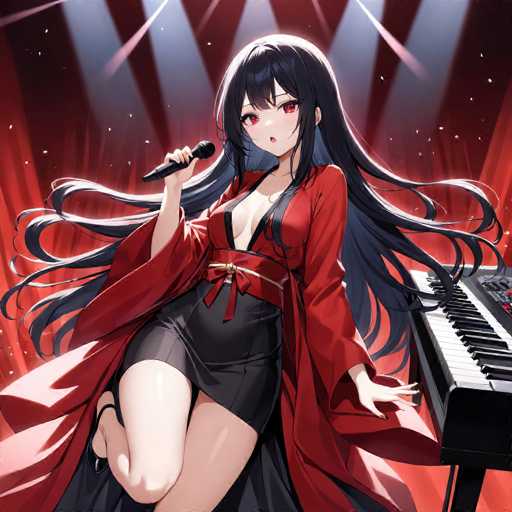 The image depicts a striking anime-style illustration of a young woman, likely a singer, standing on a stage. She is dressed in a vibrant red kimono-like dress with a black skirt, complemented by a red sash tied around her waist. Her long, flowing black hair cascades down to her waist, and she has captivating red eyes. In her right hand, she holds a microphone, while her left hand rests on a keyboard positioned to her right. Her pose is dynamic, with her left leg bent and her right leg slightly raised, adding a sense of movement to the scene. The background features a dramatic red curtain with stage lights shining down, enhancing the theatrical atmosphere. The overall composition is rich in detail, with a color palette dominated by reds, blacks, and touches of white and gold, creating a visually engaging and dynamic image.