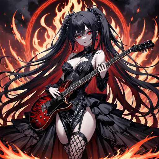 The image depicts a striking anime-style female character with long, flowing black hair that cascades down to her waist. She is dressed in a revealing black outfit that accentuates her figure, complete with fishnet stockings on her legs. In her hands, she holds a red electric guitar adorned with intricate black designs, including a dragon motif on the body. The character's eyes are a vivid red, adding to her intense and captivating appearance. She stands amidst a backdrop of swirling flames, with a prominent red circle at the center, surrounded by smaller, dynamic fireballs. The overall scene exudes a sense of power and mystique, with the fiery elements enhancing the dramatic atmosphere.