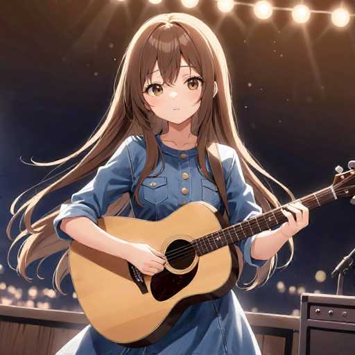 The image depicts a detailed anime-style drawing of a young woman with long, flowing brown hair that cascades down to her waist. She is standing on a stage, illuminated by a string of lights that stretches across the top of the image. The woman is wearing a blue denim dress adorned with gold buttons and pockets, with the sleeves rolled up to her elbows. She is holding an acoustic guitar, which is a light brown color with a dark brown neck, and appears to be playing it. Her expression is one of concentration, with her eyes focused on the guitar's strings. The background features a dark blue sky with scattered white dots, possibly representing stars or stage lights, and a wooden fence that runs along the bottom of the image. To her right, there is a black speaker with three knobs and a microphone stand, adding to the stage setting. The overall scene captures a moment of musical performance, blending the elements of nature and stage presence.