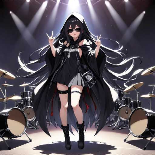A woman is standing on stage wearing a black dress and sunglasses with her arms raised in the air, making peace signs. She has long hair that flows behind her as she moves towards the left side of the image. The background features several drum sets arranged in a row, suggesting a musical performance or concert setting.
