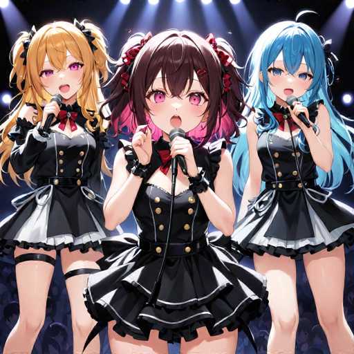 The image features three anime girls, each with distinct characteristics and styling. 

The girl on the left has long, flowing blonde hair with bangs that partially cover her face. Her eyes are a striking purple, and she has a small, delicate nose. She is dressed in a black outfit adorned with gold buttons and a red bow tie. Her attire includes a black belt and a skirt with white accents. She also has garters on her legs, adding to her stylish appearance.

The girl in the middle has short brown hair with pink tips, styled in pigtails. She has pink eyes and a small nose. Her outfit is similar to the first girl's, featuring a black dress with gold buttons, a red bow tie, and a black belt. She also wears a black skirt with white accents.

The girl on the right has long blue hair with bangs, and she is wearing a white headband. Her eyes are blue, and she has a small nose. She is dressed in a black outfit with gold buttons, a red bow tie, and a black belt. Her skirt also features white accents, matching the style of the other two girls.

All three girls are holding microphones and appear to be singing, suggesting they might be part of a performance or a musical group. The coordinated outfits and their synchronized poses indicate a sense of unity and purpose in their performance.