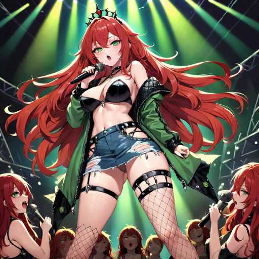 The image depicts a vibrant anime scene featuring a group of six red-haired women on a stage. The central figure, who stands out prominently, is dressed in a striking outfit that includes a black bra, a green jacket, a denim skirt, and fishnet stockings. She holds a microphone in her right hand and gazes directly at the viewer. Flanking her on either side are two other red-haired women, also holding microphones, who appear to be part of the ensemble. Behind them, four more red-haired women are visible, though they are partially obscured. The stage is illuminated by green spotlights, adding to the dynamic and energetic atmosphere of the scene.