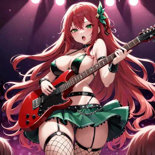 The image depicts a striking anime-style illustration of a female character with long, flowing red hair adorned with a green leaf. She is dressed in a revealing black bikini top that accentuates her large breasts and a very short green skirt. Her outfit is completed with black garter stockings that feature fishnet patterns. The character is holding a red electric guitar with a black pickguard, and her mouth is open, suggesting she is singing. The background is a dark purple hue, illuminated by four spotlights that shine down on her. The scene captures her in a dynamic pose, with her hair and the guitar strap both flowing to the right, adding a sense of motion to the image.