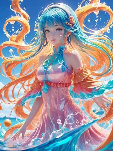 This image is a detailed screenshot from a video game, showcasing a stunning 3D animated female character. The character is depicted in a square frame, with her body positioned diagonally, facing the bottom left corner of the screen. She is adorned in a vibrant, sleeveless dress that features a combination of pink, blue, and orange hues. The dress is accentuated with a pink belt around her waist, and the top part of the dress includes a blue corset. Her long, flowing hair is a blend of orange and blue, cascading down her back. She has large, expressive blue eyes and is wearing a white headband. The background of the image is a serene blue sky, adding to the overall aesthetic appeal.