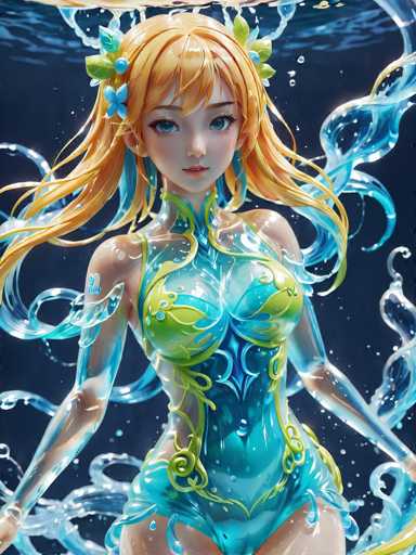 The image depicts a highly detailed, computer-generated anime-style girl with long, flowing blonde hair adorned with blue and green flowers. She has striking blue eyes and a small, delicate nose. The girl is wearing a one-piece bodysuit that combines shades of blue and green, featuring a unique design with a V-neck and a diamond pattern on the abdomen. The bodysuit is complemented by transparent, water-like sleeves that extend from her shoulders to her wrists. She appears to be underwater, as suggested by the water droplets and ripples surrounding her. The background is a dark blue, enhancing the ethereal and serene atmosphere of the scene.