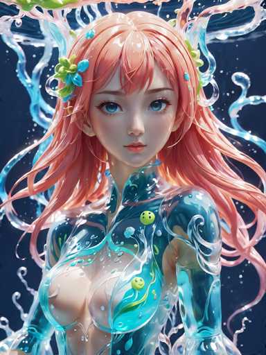 The image depicts a female character with long, vibrant pink hair and blue eyes, wearing a green and blue outfit that appears to be made of water or jelly-like material. The background is dark blue, creating a stark contrast with the character's colorful attire. The character has her arms outstretched in a welcoming gesture, and there are small bubbles scattered throughout the image, adding an ethereal quality to the scene.