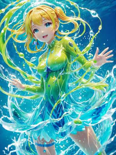 This captivating image portrays a serene underwater scene featuring a young girl with a fair complexion. She has striking blonde hair styled into two pigtails, with one side gracefully cascading over her shoulder. Her expressive blue eyes and delicate features are complemented by a pair of earrings, one of which is a dangling blue earring. She is dressed in a vibrant green one-piece suit that accentuates her figure, with a blue tie around her neck and a blue belt around her waist. The suit transitions into a flowing blue skirt that adds a touch of elegance to her ensemble. Her legs are adorned with blue straps, one of which is a blue band around her calf. The water around her is a mesmerizing blend of blue and green hues, with bubbles rising from the bottom, creating a dynamic and lively atmosphere. The overall composition is both enchanting and serene, capturing a moment of pure beauty underwater.