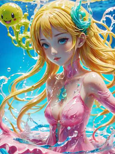The image depicts a highly detailed, computer-generated anime-style girl with long, flowing blonde hair that cascades down to her waist. She has striking blue eyes and a small, delicate face. The girl is wearing a pink dress that appears to be made of a plastic-like material, with a blue butterfly adorning her chest. Her arms are covered in pink sleeves that extend from her shoulders to her wrists. She is standing in water, which splashes around her, creating a dynamic effect. In the top left corner of the image, there is a green, smiley face with black eyes and a pink mouth, seemingly made of slime. The background is a vibrant blue, enhancing the overall vividness of the scene.