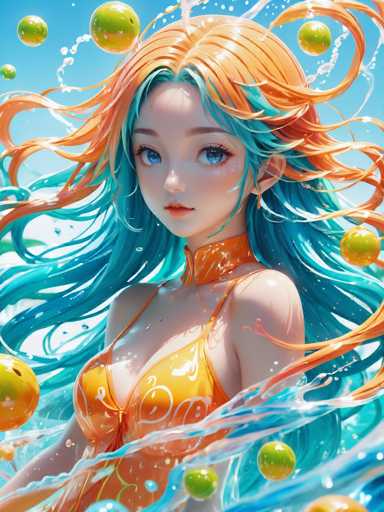 This image features a highly detailed, computer-generated depiction of a young woman with an anime-inspired appearance. She has long, flowing hair that transitions from orange at the top to blue at the bottom, with some strands blending both colors. Her large, expressive blue eyes and small, delicate features give her a youthful and innocent look. She is wearing a yellow, stringed bikini top that appears to be made of a plastic-like material, and an orange choker around her neck. The background is a vibrant blue, reminiscent of a clear sky, and is filled with numerous green and yellow orbs that resemble water droplets or bubbles. The woman is positioned in the center of the image, with her body angled slightly to the left, and the overall scene is framed in a vertical rectangle. The image has a surreal, dreamlike quality, enhanced by the dynamic movement of her hair and the floating orbs around her.