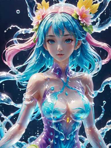 The image depicts a female character with blue hair and a purple dress, standing against a dark background that is speckled with water droplets. The character's face is partially obscured by the water droplets, adding an ethereal quality to her appearance.