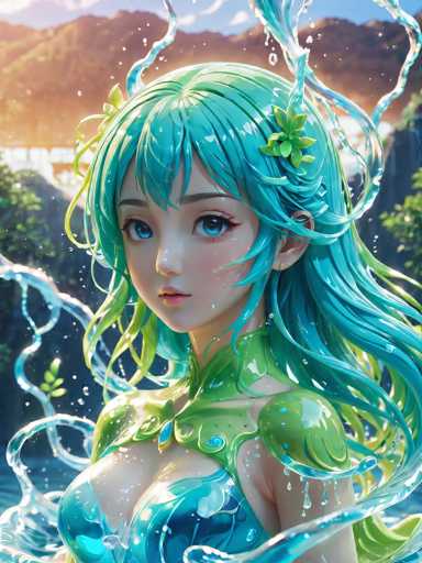 The image depicts a digital illustration of a young girl with long, flowing hair and blue eyes wearing a green dress adorned with flowers. The background features a waterfall cascading down into a pool below it, surrounded by lush trees and mountains in the distance.