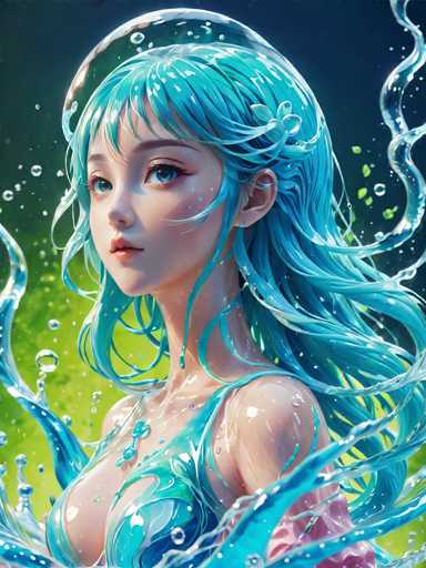 This image features a striking, computer-generated depiction of a young woman with long, flowing blue hair that cascades down her back. She is adorned in a blue dress that complements her hair, and her blue eyes are accentuated by long eyelashes. The woman is positioned with her body facing left, while her head is turned towards the viewer, creating a captivating, almost ethereal presence. Surrounding her are numerous water droplets, adding a dynamic and fluid element to the scene. The background is a gradient of dark blue at the top, transitioning to a lighter blue and then to green at the bottom, creating a serene and dreamlike atmosphere. The overall composition is vertical, emphasizing the height and grace of the figure.