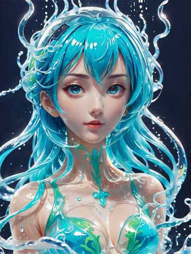 The image depicts a striking, computer-generated anime-style woman with long, flowing blue hair that appears to be made of water. Her hair cascades around her face, with some strands reaching down to her chest. She has large, expressive blue eyes and a small, delicate nose. Her lips are slightly parted, revealing a hint of her teeth, and she has a light complexion. She is wearing a blue bikini top adorned with green accents that resemble seaweed, blending seamlessly with the water-like elements of her hair. The background is a deep, dark blue, almost black, with tiny white dots that give the impression of stars in a night sky. The overall effect is a mesmerizing, ethereal portrait of a woman who seems to be emerging from or composed of water.
