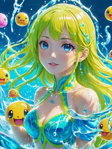 The image features a detailed drawing of a young woman with long, flowing blonde hair that cascades down to her waist. She has striking blue eyes and is adorned with a blue and green bikini top. The top of the bikini is designed with a unique pattern that resembles a flower, and it ties around her neck. Her left shoulder is bare, while her right shoulder is covered by a piece of fabric that extends from the top of her arm to her shoulder. 

Her hair is particularly captivating, with strands flowing in various directions, giving a sense of movement and depth. The background is a deep blue, reminiscent of the ocean, and is dotted with numerous water droplets, enhancing the aquatic theme. 

Surrounding her are several yellow and pink balls, each with expressive faces. The yellow balls have wide-open eyes and smiling mouths, while the pink balls feature similar wide eyes and open mouths, adding a playful and whimsical element to the scene.
