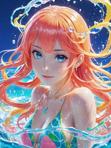 This image is a detailed, computer-generated illustration of an anime-style female character. She has long, flowing hair that transitions from a light orange to a darker orange, with some strands almost yellow. Her hair is adorned with water droplets, adding to the dynamic feel of the scene. She has striking blue eyes, framed by long eyelashes, and a small, delicate nose. Her lips are slightly parted, revealing a hint of pink. 

The character is wearing a vibrant, one-piece bathing suit that features a mix of blue, green, and pink colors. The suit is adorned with water droplets, enhancing the wet, aquatic environment she is in. Her shoulders are visible, and her arms are slightly bent, adding to the sense of movement. 

The background is a deep blue, suggesting a water or ocean setting. The water around her is depicted with realistic waves and splashes, with droplets of water flying in all directions, creating a sense of motion and excitement. The overall composition is vivid and dynamic, capturing the character in a moment of action and splendor.