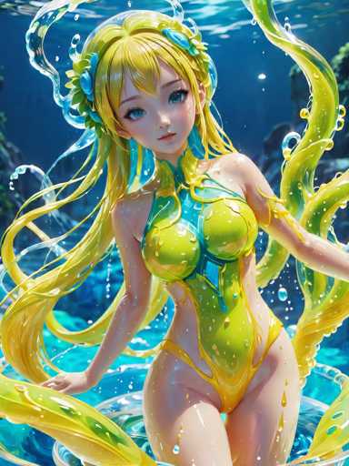 This image is a detailed, computer-generated illustration of a young woman in a vibrant underwater scene. The woman, who appears to be around 18 years old, has long, flowing blonde hair adorned with blue flowers and green leaves. Her striking blue eyes and delicate facial features, including a small nose and pink lips, are accentuated by her expressive gaze directed straight at the viewer.

She is wearing a form-fitting, one-piece bathing suit that is predominantly yellow with blue and green accents. The suit features a unique design with a large star on her chest and a V-shaped cut at the neckline. The suit is complemented by a yellow strap that goes over her hip, and she has a yellow belt around her waist. Her legs are pale, and she is standing in clear, blue water.

The scene around her is dynamic, with water splashing and creating ripples around her feet. The background is a deep blue, and there are hints of green and blue plants in the distance, adding to the underwater ambiance. The overall composition is vibrant and detailed, capturing the lively and serene underwater environment.