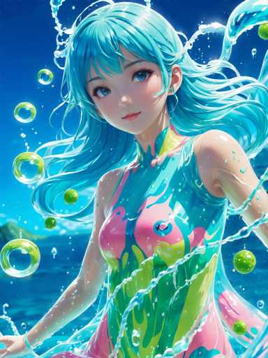 A young girl with blue hair and a green dress is depicted in the center of the image, surrounded by bubbles that float around her head. The background features a clear blue sky and water, creating a serene atmosphere for the scene.
