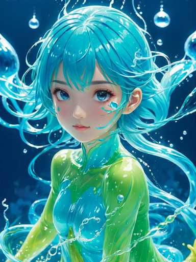 This image is a detailed digital illustration of a young girl, approximately 10 years old, set against a dark blue background. The girl has striking blue eyes and her hair is a unique blend of blue and green hues. She is wearing a form-fitting, long-sleeved top that is predominantly green, with blue accents on the shoulders and chest. The top appears to be made of a shiny, almost plastic-like material, adding a reflective quality to the image. The girl's expression is serene, with her lips slightly parted, and she has a small nose. Her cheeks are adorned with a subtle blushing, and there are blue water droplets on her cheeks, adding to the watery theme of the illustration. The background is dark, almost black, which contrasts beautifully with the vibrant colors of the girl's hair and clothing. The overall style of the illustration is highly detailed and realistic, capturing the reflective and glossy textures of the material, as well as the fluidity of the water droplets.