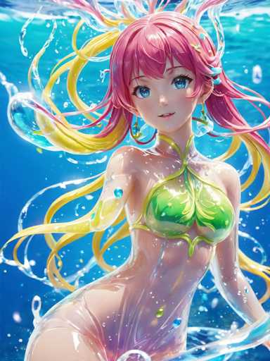 The image depicts a highly detailed, computer-generated scene of an anime-style girl with pink hair and blue eyes, underwater. She is wearing a green leaf-like bikini top that appears to be made of a transparent material, revealing her pink body. Her hair flows around her in the water, with some strands appearing yellow. The girl is positioned with her back to the left and her head turned to the right, looking directly at the viewer. The background is a clear blue, with bubbles and water ripples adding to the underwater effect. The overall composition is vertical, emphasizing the depth and fluidity of the scene.