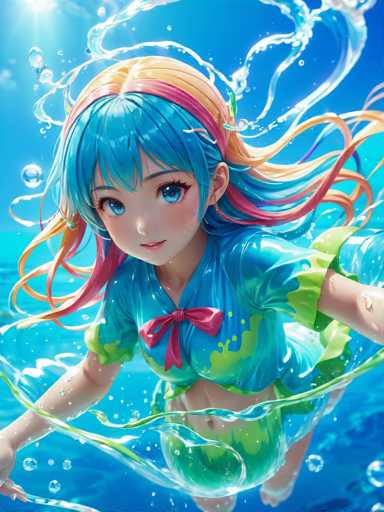 This captivating image features a stunning, computer-generated depiction of a young girl, approximately 10 years old, with an enchanting blend of realistic and fantastical elements. The girl is portrayed with a fair complexion, adorned with delicate freckles that add to her charm. Her large, expressive blue eyes are framed by long eyelashes and a small, delicate nose, complemented by a soft, inviting smile.

Her hair is a striking mix of colors, with a base of blonde that transitions into shades of pink and orange, creating a vibrant and eye-catching effect. The hair is styled with a pink headband that adds a playful touch to her overall look. She is dressed in a blue shirt that features a pink bow tie at the front, adding a touch of sweetness to her outfit. The shirt is detailed with green accents around the sleeves, adding a pop of color and visual interest.

The girl is depicted in a dynamic pose, with her arms outstretched, seemingly ready to catch something. The background is a serene blue, suggesting she might be in a pool or a similar setting, with water droplets around her adding to the sense of motion and playfulness. The overall composition of the image is both whimsical and enchanting, capturing the essence of a young girl in a magical moment.
