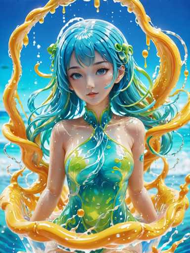 The image depicts a woman with blue hair and green skin, wearing a green dress that is splattered with yellow paint. The background shows the ocean under a clear sky.