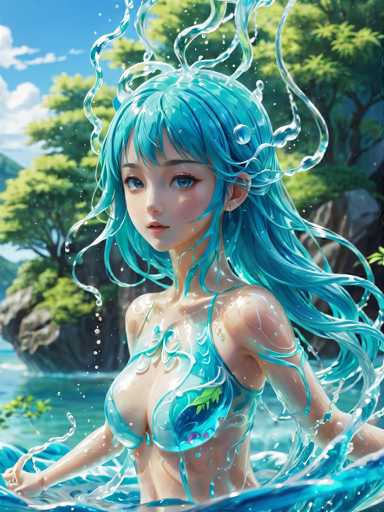 A blue-haired girl is depicted wearing a bikini and standing in the water with her arms outstretched, surrounded by trees and rocks.