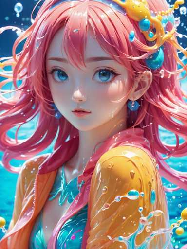 This image is a detailed, computer-generated illustration of a young girl, approximately 10 years old, with a striking appearance. She has long, wavy hair that is a vibrant pink color, adorned with blue and yellow accents. Her hair is styled with a blue and yellow headband, and she has blue beads in her hair. Her eyes are a captivating blue, and she has a small, delicate nose with pink lips. She is wearing a blue and pink top, which is complemented by a yellow and orange jacket. The girl is positioned in the center of the image, with her body facing towards the bottom left corner, while her head is turned to look directly at the viewer. The background is a deep blue, resembling water, and there are splashes of water around her, adding to the dynamic feel of the illustration. The overall style is highly detailed and realistic, with a focus on the girl's expressive features and the vivid colors of her attire and hair.