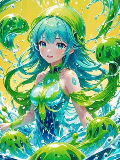 This captivating image features a stunning, intricately designed, computer-generated female character. She is adorned in a vibrant, one-piece suit that showcases a harmonious blend of green and blue hues. The suit is form-fitting, accentuating her graceful figure, and features a unique design element that elegantly drapes over her left shoulder. Her long, flowing hair is a mesmerizing mix of blue and green, cascading down her back and adding to her ethereal presence.

The character's expressive face is highlighted by her large, captivating blue eyes and a small, delicate mouth, which conveys a sense of serene contentment. Her skin is a light, pale tone, adding to her overall delicate appearance. The suit is further embellished with intricate green and blue patterns that flow over her chest, adding depth and texture to her attire.

The background is a soft, light yellow, which complements the character's vibrant colors and enhances the overall composition. The image is framed in a square format, allowing the viewer to fully appreciate the detailed artistry and the harmonious blend of colors and design elements.