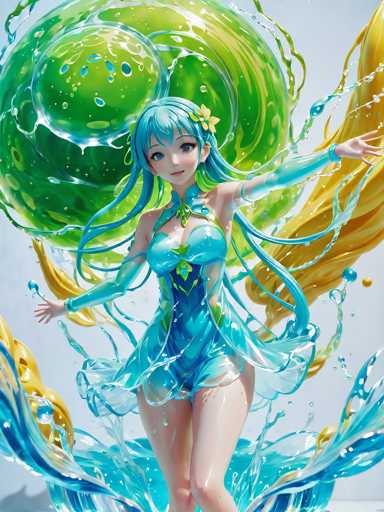 This image features a detailed, computer-generated depiction of an anime-style girl with long, flowing blue hair adorned with a yellow flower. She is dressed in a light blue, one-piece swimsuit that has a low-cut neckline and a high slit on the right side, revealing her leg. The swimsuit is embellished with green and yellow floral patterns, and she wears matching blue gloves that extend up to her biceps. The girl is standing with her arms outstretched, exuding a sense of joy and playfulness. Surrounding her are dynamic splashes of water in various shades of blue, green, and yellow, creating a vibrant and energetic atmosphere. Behind her, a large green orb with water droplets adds to the magical, aquatic theme of the scene. The background is a light blue, enhancing the overall sense of fluidity and movement in the image.