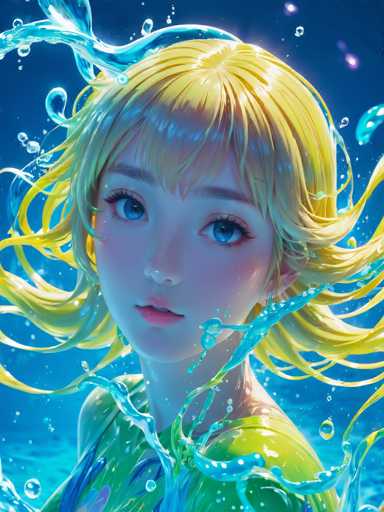 This captivating image features a young girl with strikingly large blue eyes and long, flowing blonde hair that appears to be gently swaying in the water. She is dressed in a vibrant green dress, which adds a touch of elegance to her appearance. The water around her is a mesmerizing blend of blue and green hues, creating a serene and enchanting atmosphere. The girl's face is adorned with a soft pink blush, adding a touch of warmth to her complexion. Her lips are slightly parted, revealing a hint of her teeth, and her expression is one of gentle curiosity. The overall composition of the image is both beautiful and tranquil, capturing a moment of peaceful coexistence between the girl and her aquatic surroundings.