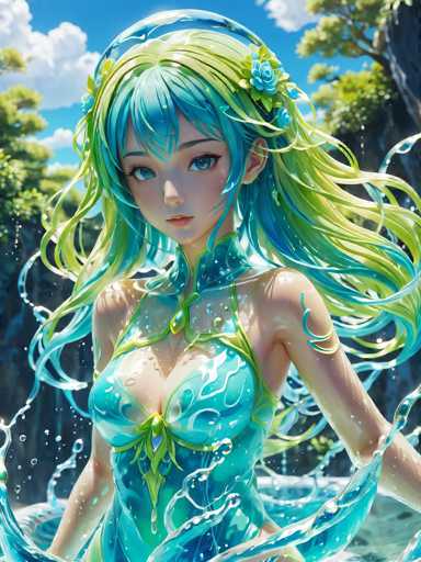 The image depicts a woman with long, flowing green hair and blue eyes wearing a blue dress adorned with white flowers. The background features a waterfall cascading down into a pool of water, creating a serene and tranquil atmosphere.