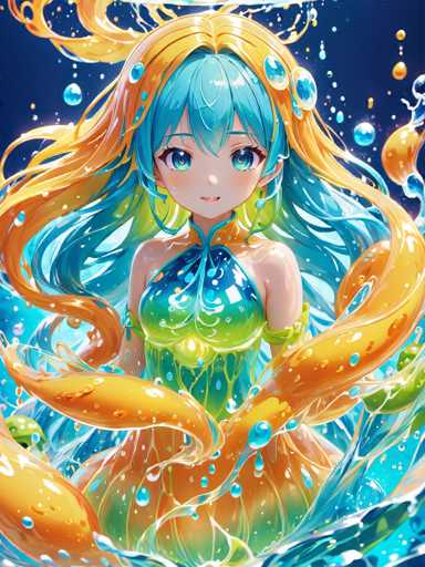 This image is a detailed, vibrant illustration of a mermaid, reminiscent of an anime style. The mermaid is depicted with a harmonious blend of colors and intricate details. Her body is primarily blue, with her hair being a striking mix of blue and orange. The orange parts of her hair are particularly vibrant and appear to be flowing, almost as if they are part of her tail. Her eyes are a captivating blue, and she has a small, delicate mouth.

Her attire is a beautifully designed dress that transitions from blue to green, adorned with intricate patterns and swirls. The dress features a low neckline, and her arms are visible, adding to the overall elegance of her form. The mermaid's tail is a mesmerizing blend of blue, orange, and green, with the orange parts flowing gracefully, almost resembling a ribbon.

The background is a deep blue, suggesting an underwater setting, and is dotted with bubbles, enhancing the aquatic atmosphere. The mermaid is positioned centrally in the image, making her the focal point of this captivating and detailed illustration.
