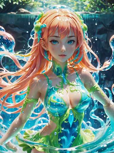 This captivating image showcases a stunning, intricately designed, computer-generated female character. She is depicted with long, flowing, orange hair adorned with a blue and green floral accessory. Her large, expressive blue eyes and small, delicate pink lips contribute to her endearing appearance. The character is dressed in a unique, two-piece outfit that features a blue and green design, complemented by a green skirt. She is positioned amidst a dynamic scene filled with splashes of water, which adds to the overall sense of motion and energy. The background is a muted gray, ensuring that the vibrant colors of the character and the water remain the focal points of the image.